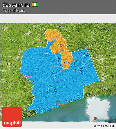 Political 3D Map of Sassandra, satellite outside
