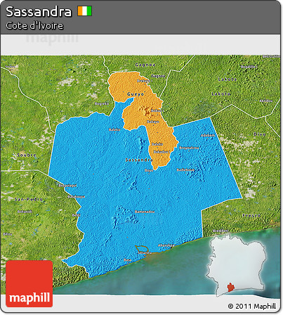 Political 3D Map of Sassandra, satellite outside