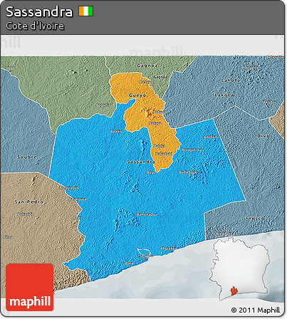 Political 3D Map of Sassandra, semi-desaturated