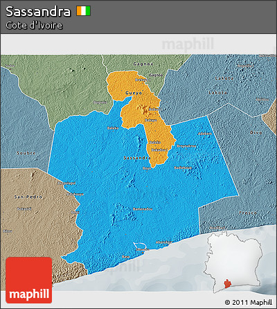 Political 3D Map of Sassandra, semi-desaturated