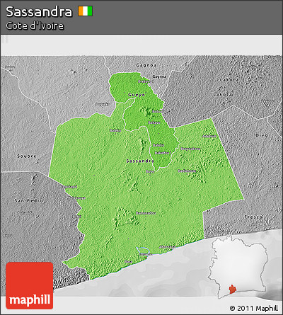 Political Shades 3D Map of Sassandra, desaturated