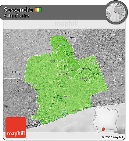 Political Shades 3D Map of Sassandra, desaturated