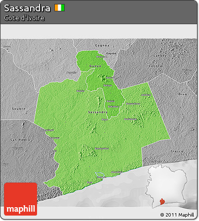Political Shades 3D Map of Sassandra, desaturated