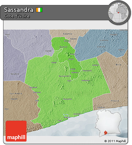 Political Shades 3D Map of Sassandra, semi-desaturated