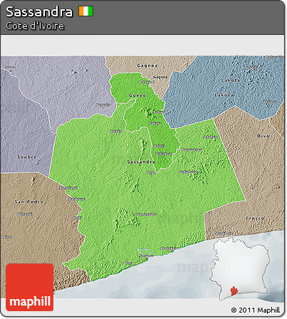 Political Shades 3D Map of Sassandra, semi-desaturated
