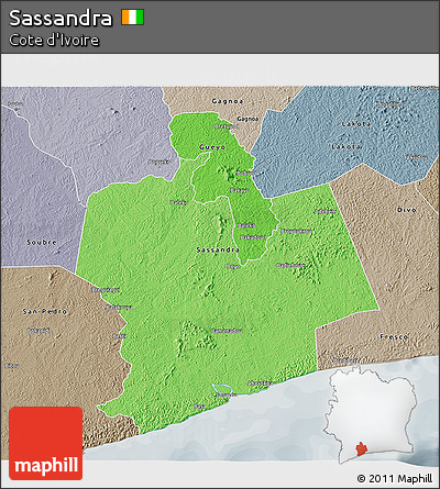 Political Shades 3D Map of Sassandra, semi-desaturated