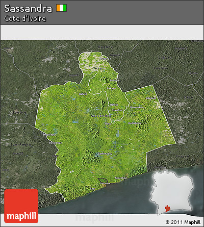 Satellite 3D Map of Sassandra, darken, semi-desaturated