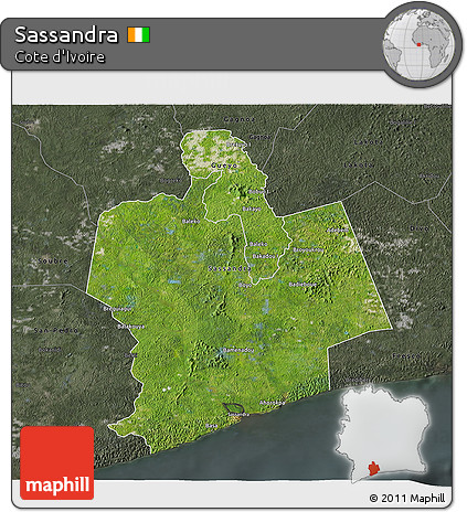 Satellite 3D Map of Sassandra, darken, semi-desaturated