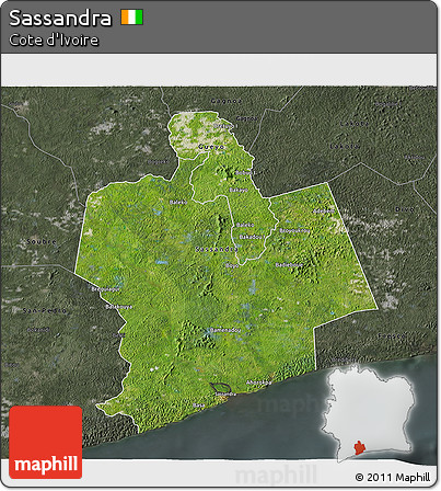 Satellite 3D Map of Sassandra, darken, semi-desaturated