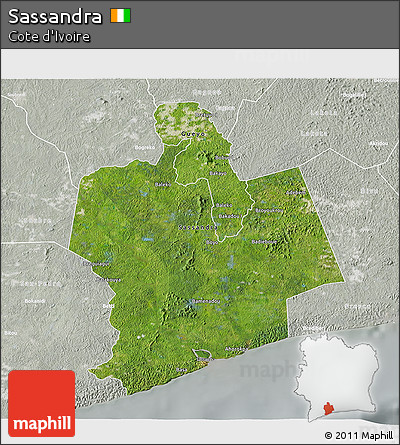 Satellite 3D Map of Sassandra, lighten, semi-desaturated