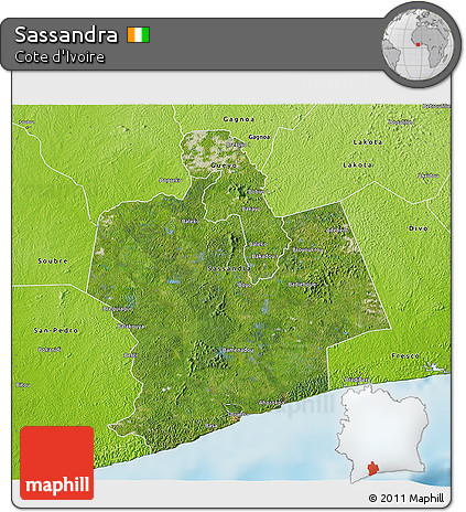 Satellite 3D Map of Sassandra, physical outside