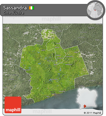 Satellite 3D Map of Sassandra, semi-desaturated