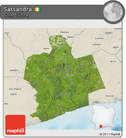 Satellite 3D Map of Sassandra, shaded relief outside