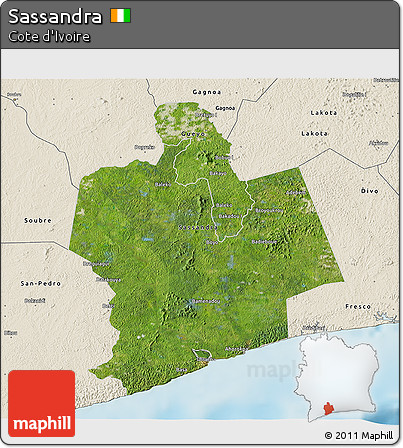 Satellite 3D Map of Sassandra, shaded relief outside