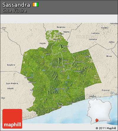 Satellite 3D Map of Sassandra, shaded relief outside