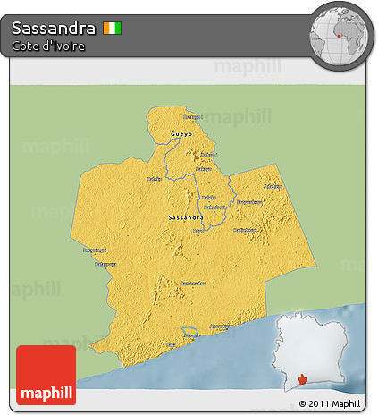 Savanna Style 3D Map of Sassandra, single color outside