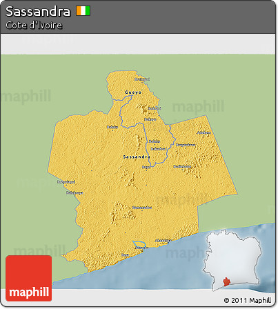 Savanna Style 3D Map of Sassandra, single color outside