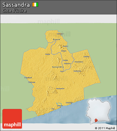 Savanna Style 3D Map of Sassandra, single color outside