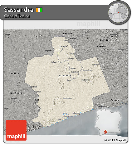 Shaded Relief 3D Map of Sassandra, darken, semi-desaturated