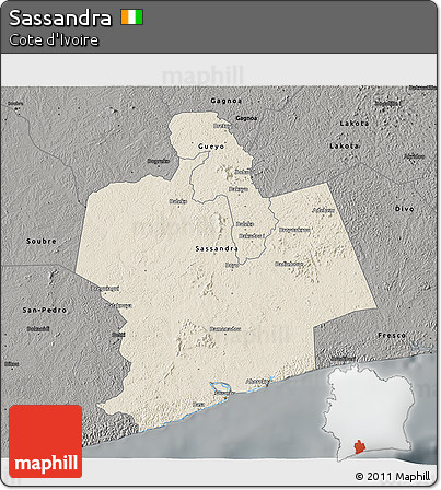Shaded Relief 3D Map of Sassandra, darken, semi-desaturated
