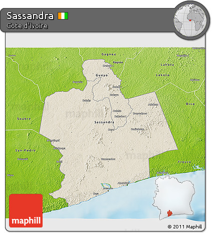 Shaded Relief 3D Map of Sassandra, physical outside