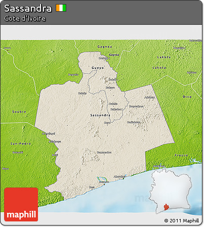 Shaded Relief 3D Map of Sassandra, physical outside