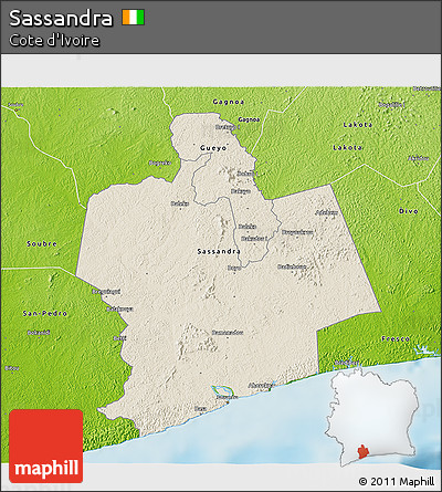 Shaded Relief 3D Map of Sassandra, physical outside
