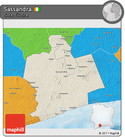 Shaded Relief 3D Map of Sassandra, political outside