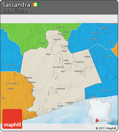 Shaded Relief 3D Map of Sassandra, political outside