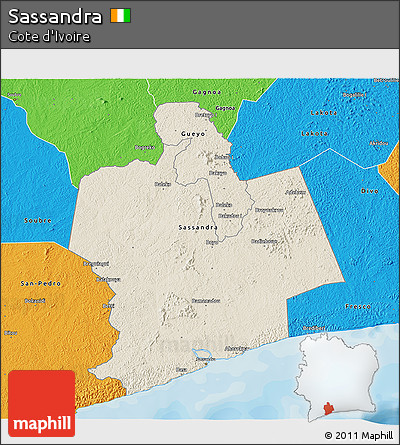 Shaded Relief 3D Map of Sassandra, political outside