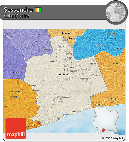Shaded Relief 3D Map of Sassandra, political shades outside