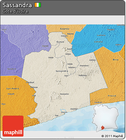 Shaded Relief 3D Map of Sassandra, political shades outside