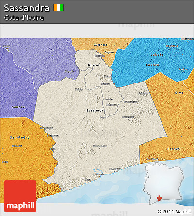 Shaded Relief 3D Map of Sassandra, political shades outside
