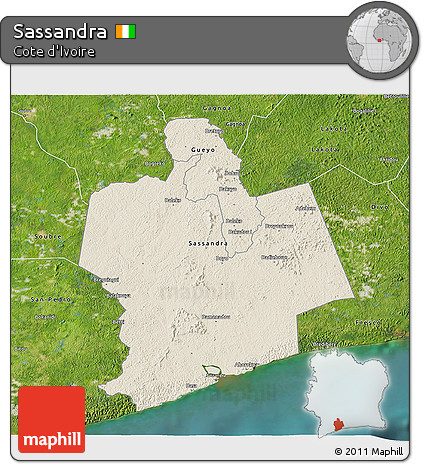 Shaded Relief 3D Map of Sassandra, satellite outside