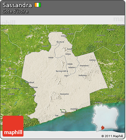Shaded Relief 3D Map of Sassandra, satellite outside