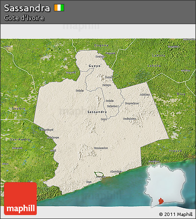 Shaded Relief 3D Map of Sassandra, satellite outside