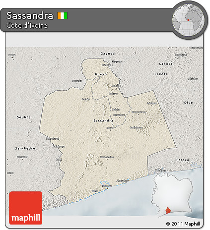 Shaded Relief 3D Map of Sassandra, semi-desaturated