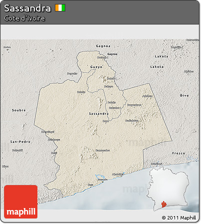 Shaded Relief 3D Map of Sassandra, semi-desaturated
