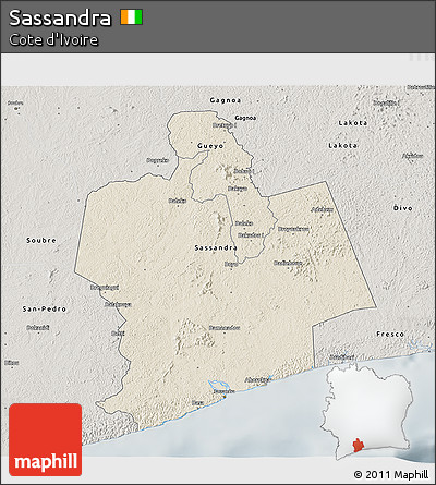 Shaded Relief 3D Map of Sassandra, semi-desaturated