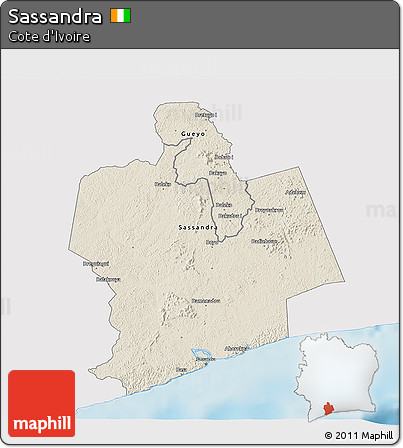 Shaded Relief 3D Map of Sassandra, single color outside