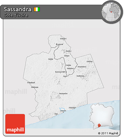 Silver Style 3D Map of Sassandra, single color outside