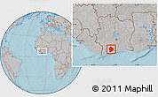 Gray Location Map of Sassandra, within the entire country, hill shading