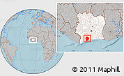 Gray Location Map of Sassandra, highlighted country, within the entire country, hill shading
