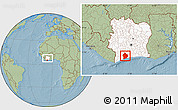Savanna Style Location Map of Sassandra, highlighted country, within the entire country, hill shading