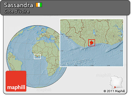 Savanna Style Location Map of Sassandra, hill shading