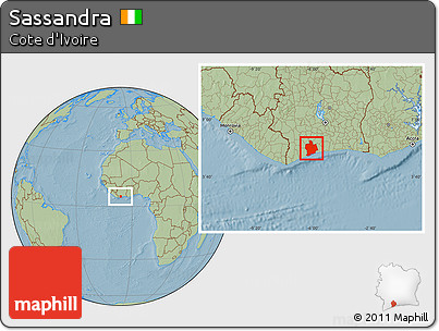 Savanna Style Location Map of Sassandra, hill shading