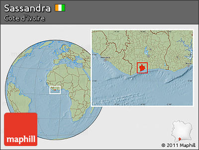 Savanna Style Location Map of Sassandra, hill shading