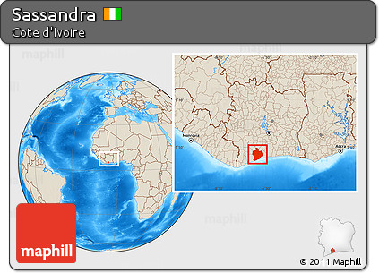 Shaded Relief Location Map of Sassandra, within the entire country