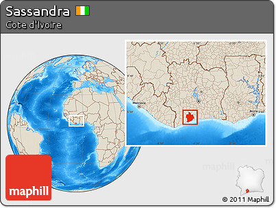 Shaded Relief Location Map of Sassandra, within the entire country