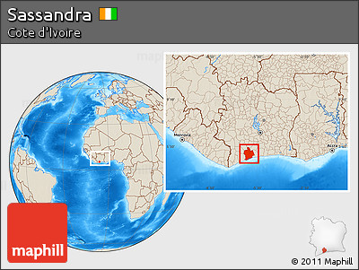 Shaded Relief Location Map of Sassandra, within the entire country